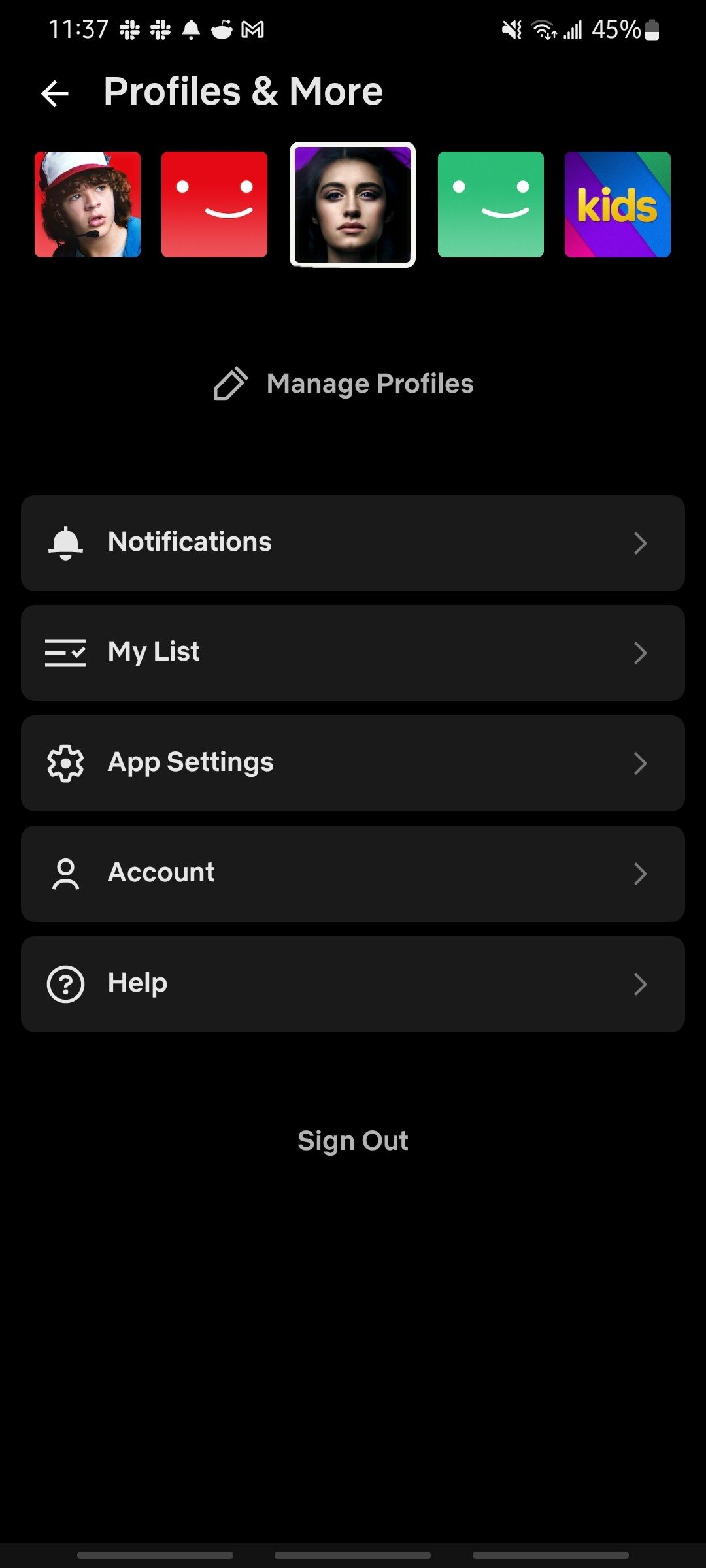 netflix mobile app showing user profiles and settings menu
