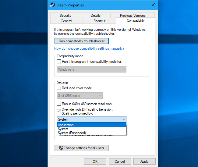 Параметры замены масштабирования высокого DPI