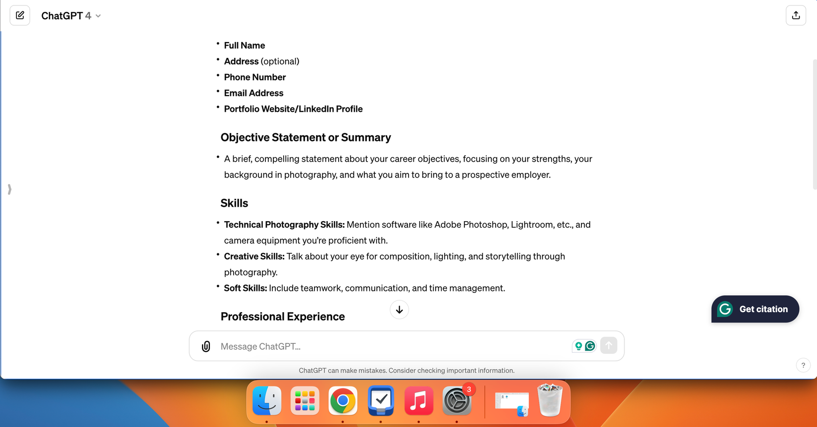 Контур резюме, созданный с помощью ChatGPT