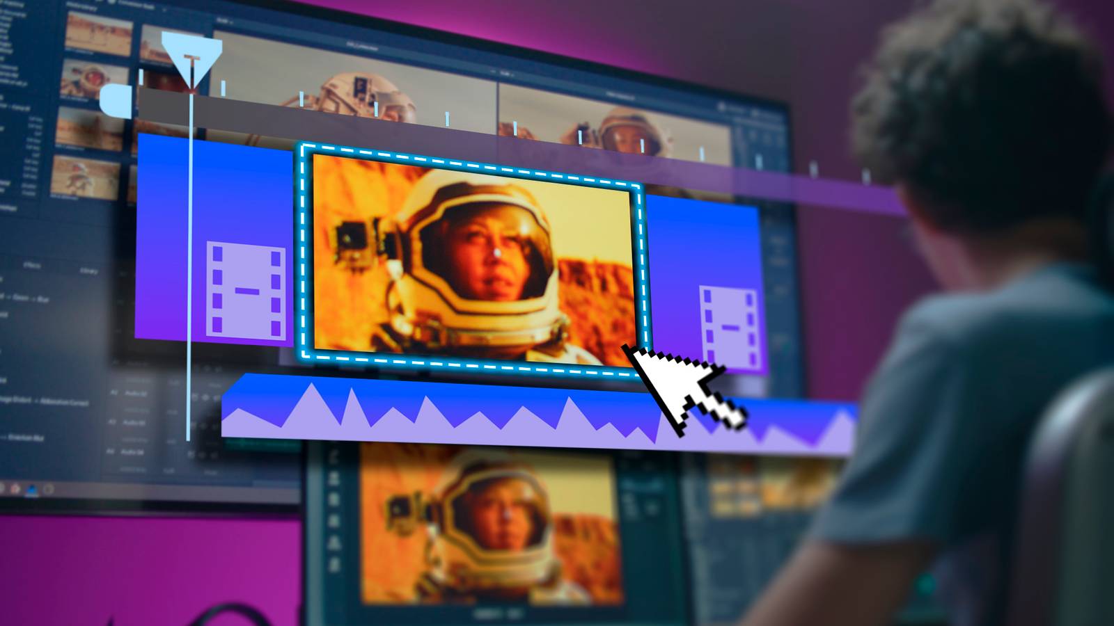 Молодой человек за компьютером редактирует видео.