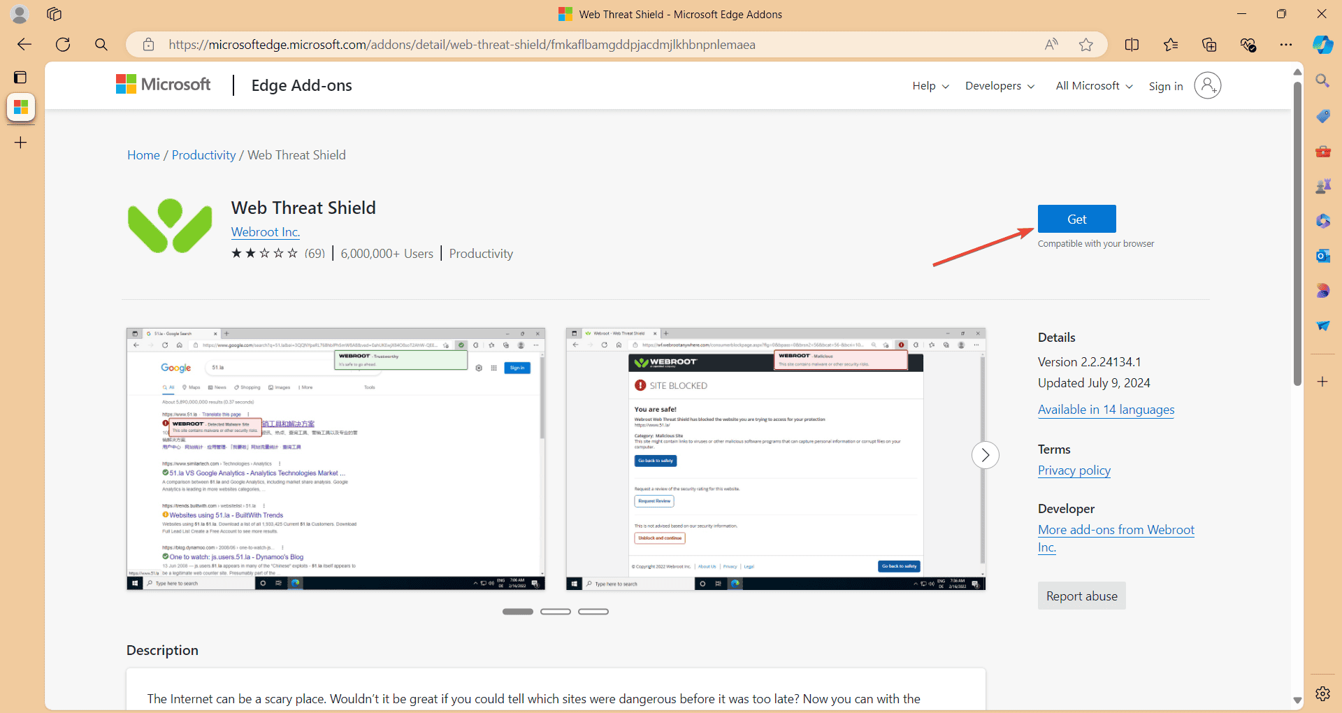 Кнопка установки расширения Web Threat Shield в магазине Microsoft Edge