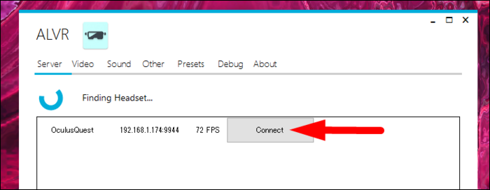 Кнопка подключения на сервере ALVR