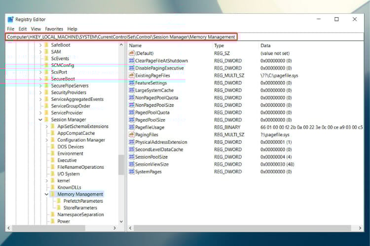 Раздел реестра Memory Management