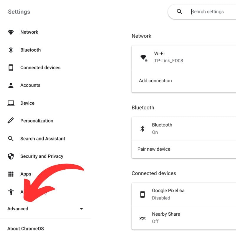 Раздел Дополнительно в настройках Chromebook