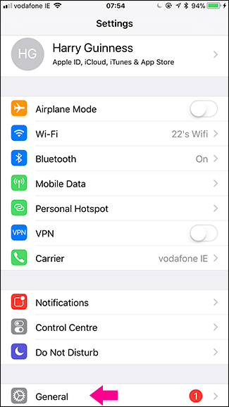 Экран «Основные» в Настройках iPhone