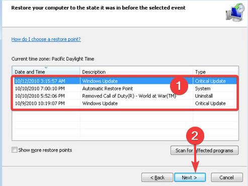 Выбор точки восстановления
