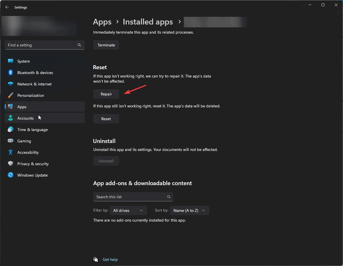 Кнопка «Восстановить» в параметрах приложения