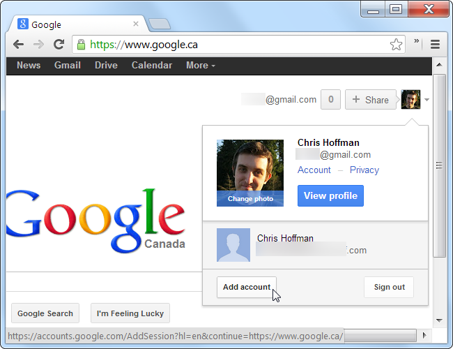 Меню Google: «Добавить аккаунт» для множественного входа