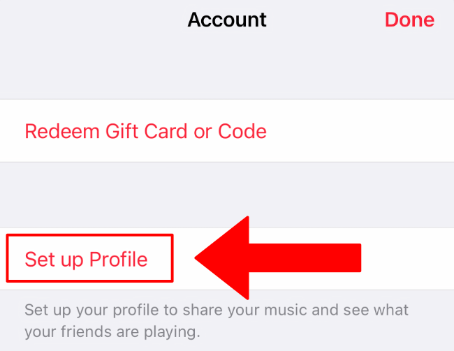 Find the prompt to set up Apple Music profile on iPhone