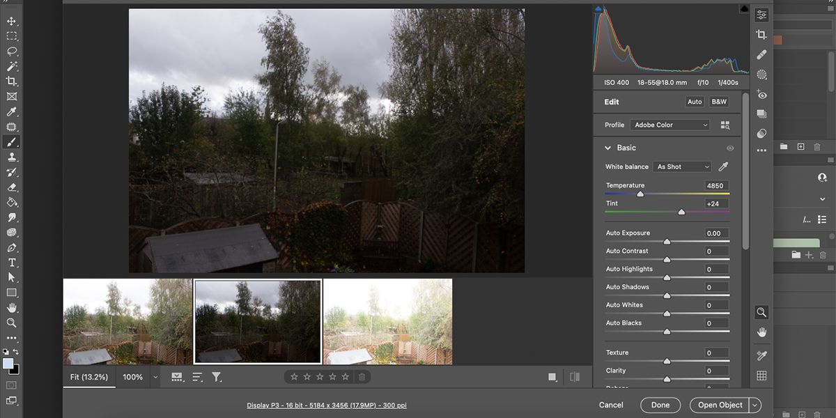 Under exposed landscape photo in Camera RAW