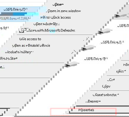 Контекстное меню флешки: Свойства