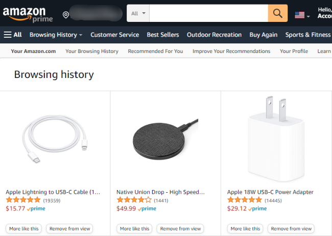 Страница истории просмотров товаров на Amazon с перечнем ранее просмотренных товаров