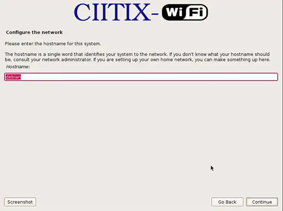 Экран ввода имени хоста для установки