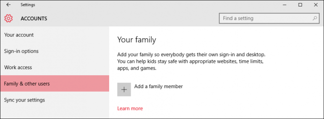 Окно Параметров: Семья и другие пользователи