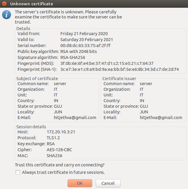 Подтверждение SSL-сертификата в FileZilla