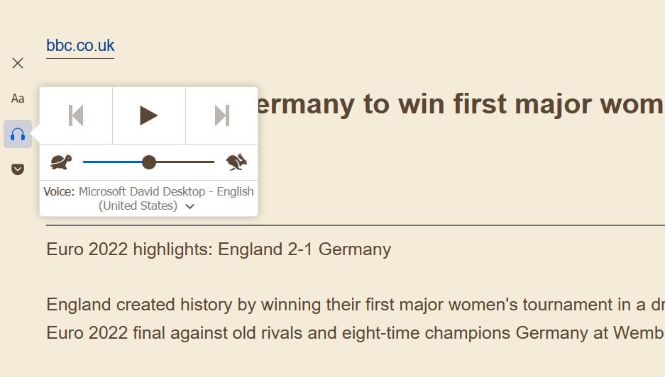 Опция прослушивания текста в режиме чтения Firefox