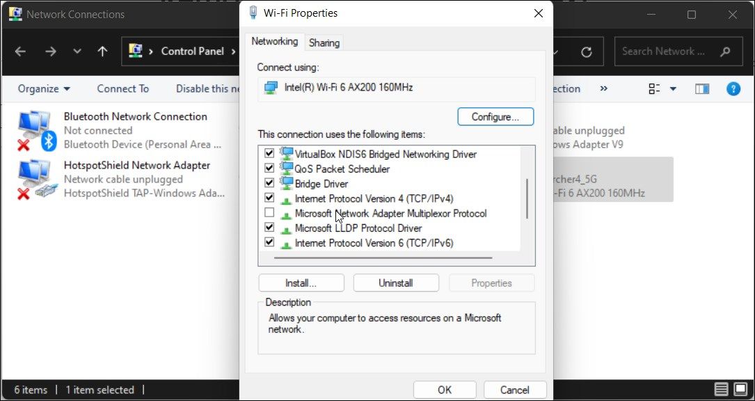 Окно свойств беспроводного адаптера — кнопка Настроить