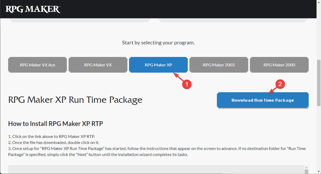 Кнопка загрузки Runtime Package на сайте RPG Maker