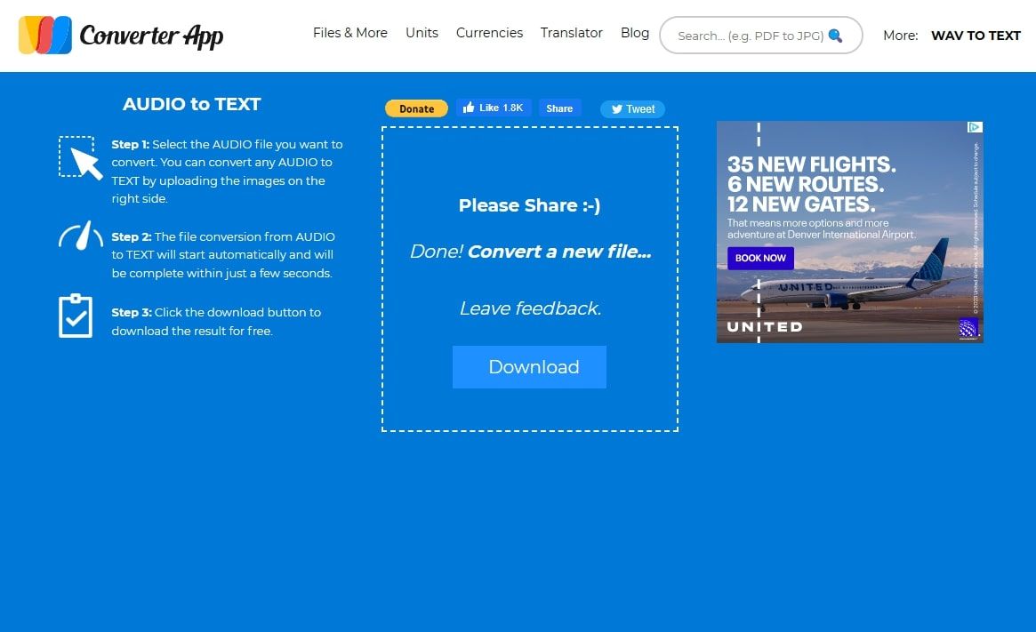 Страница загрузки и готового текста в Converter App
