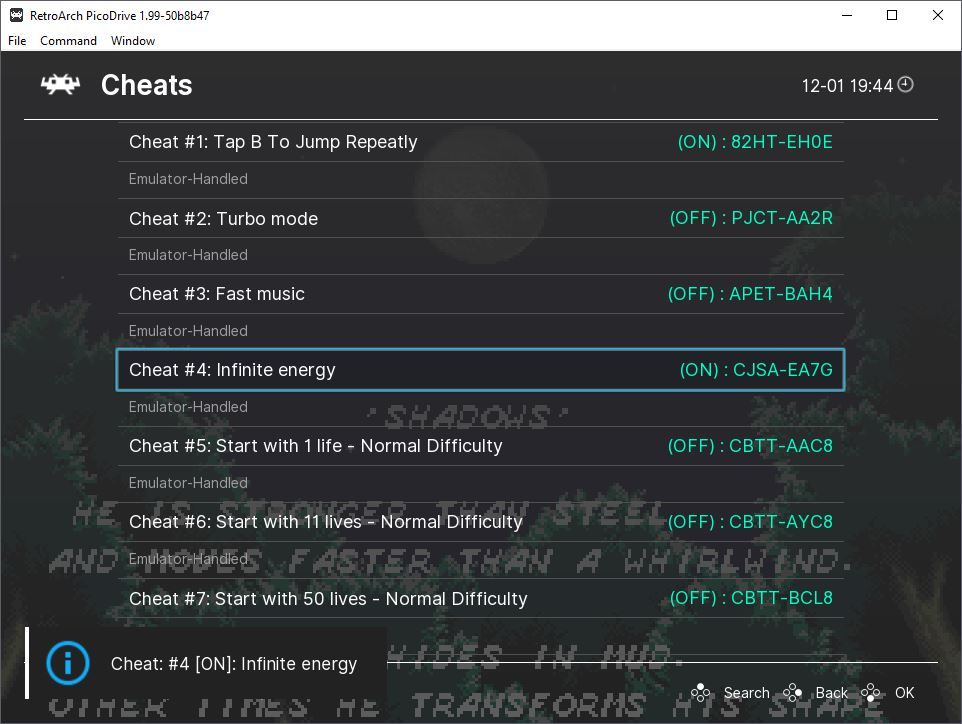 Список и включение отдельных читов