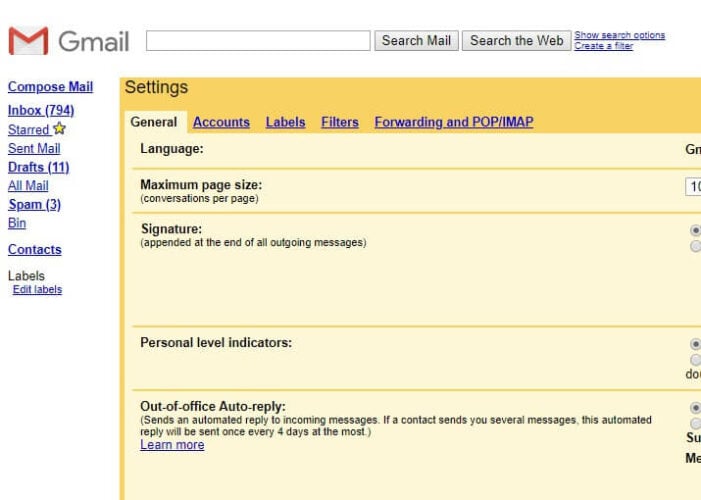 Окно настроек Gmail — вкладка Общие