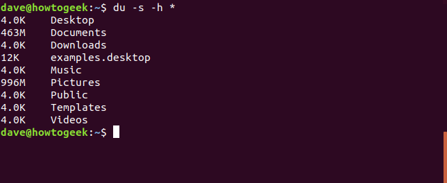 Результат du -h -s *, показывающий размеры вложенных каталогов