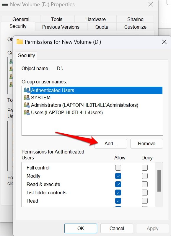 Диалог добавления прав доступа