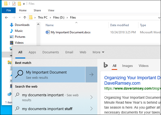Скриншот: меню Пуск не нашло файл в системе