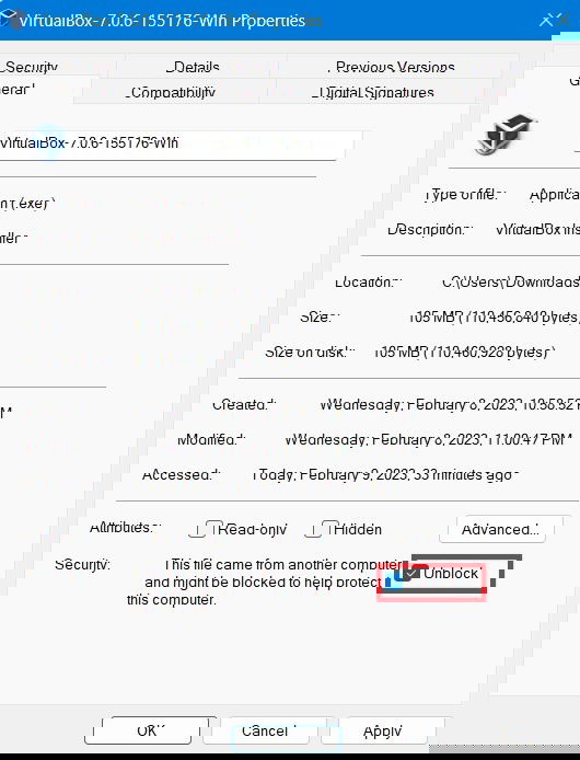 Разблокировка файла в окне Общие свойства.