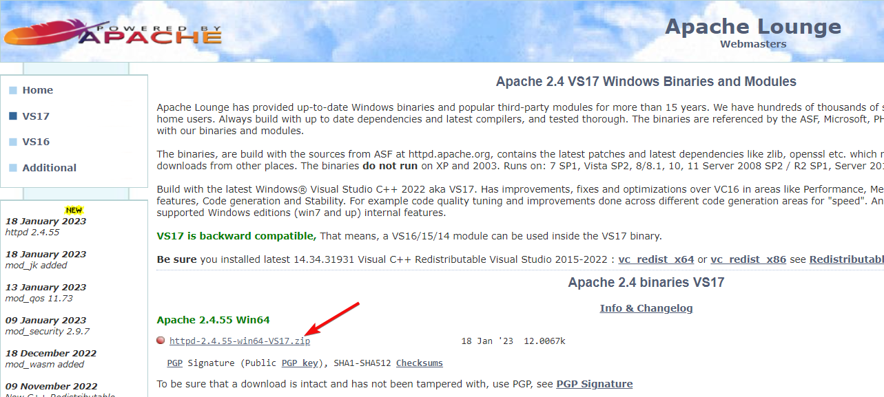 Скачивание Apache с сайта ApacheLounge