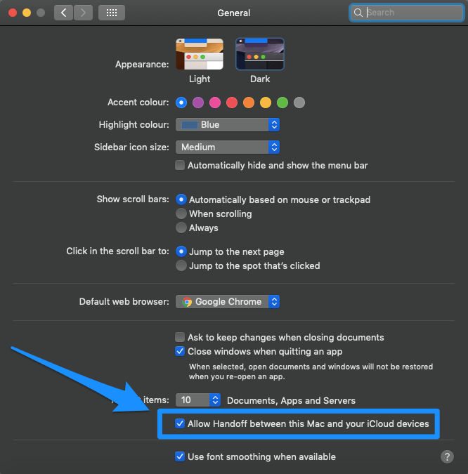 Опция Разрешить Handoff в macOS — переключатель выключен