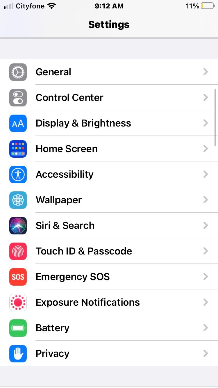 Экран настроек iPhone