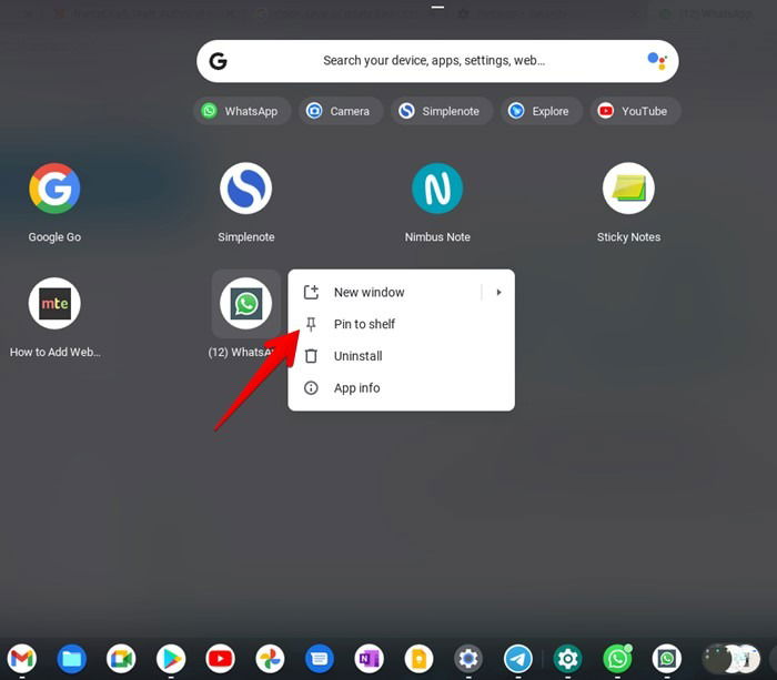 Фиксация ярлыка WhatsApp на панели задач Chromebook