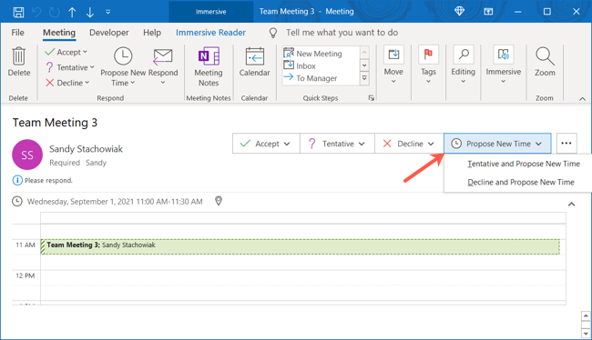 Нажмите Propose New Time в письме Outlook