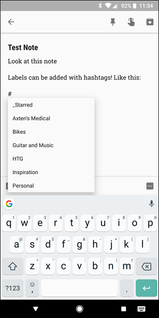Пример списка ярлыков и коллекции заметок