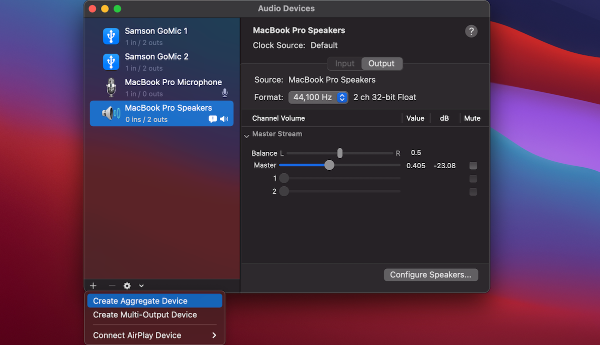 Утилита Audio MIDI Setup на Mac, выделена опция Create Aggregate Device