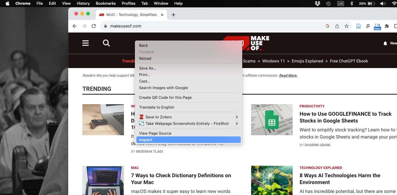 Вариант выбора «Inspect» в Google Chrome для Mac