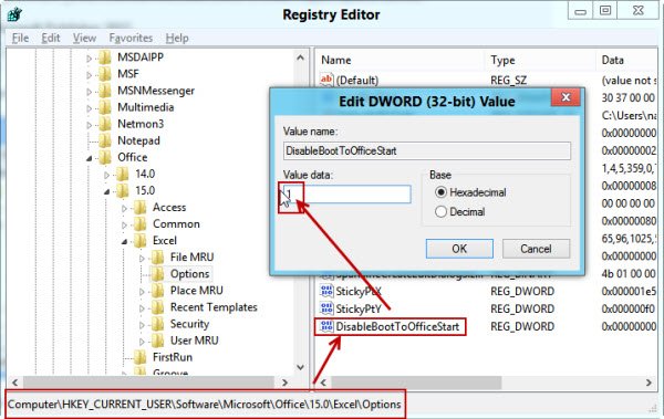 Добавление DWORD DisableBootToOfficeStart в ключ ExcelOptions в реестре