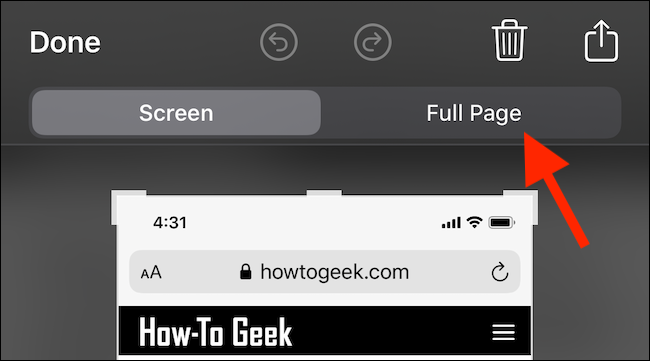 Переключитесь на Полная страница в инструменте разметки скриншота