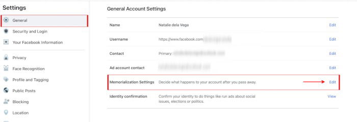 Интерфейс редактирования настроек увековечения в Facebook