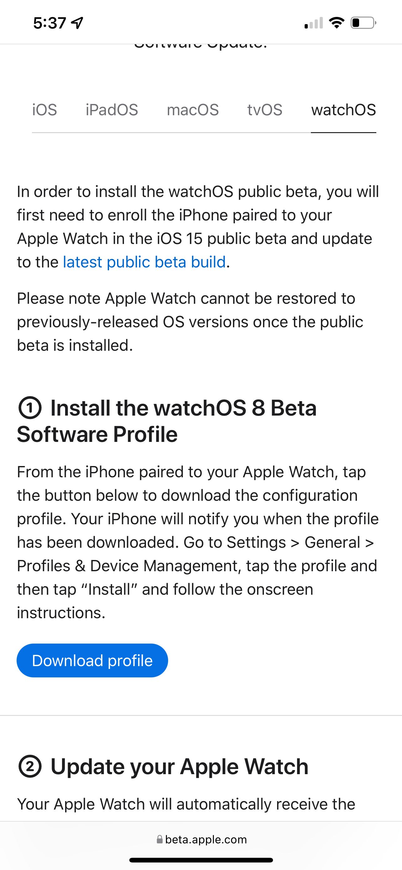 Установка профиля watchOS 8 в приложении Watch на iPhone