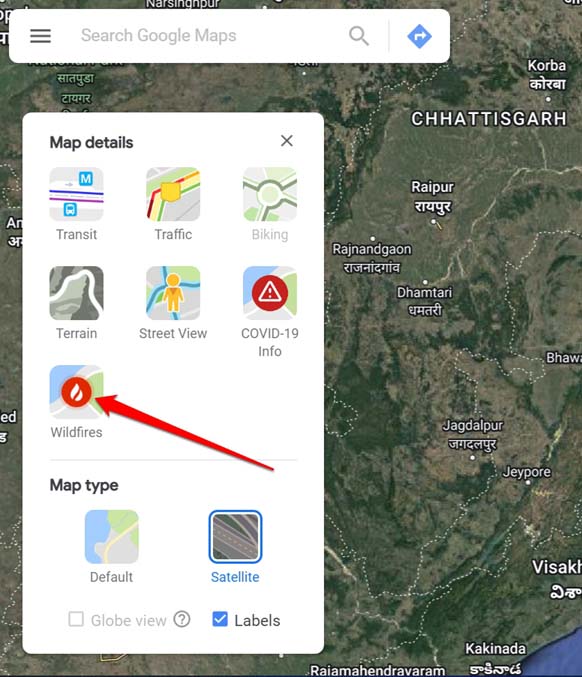 Отображение лесных пожаров в веб‑версии Google Maps