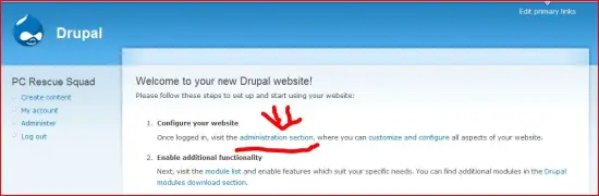 Экран приветствия Drupal после установки