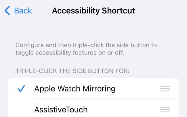 Добавление Apple Watch Mirroring в список ярлыков универсального доступа