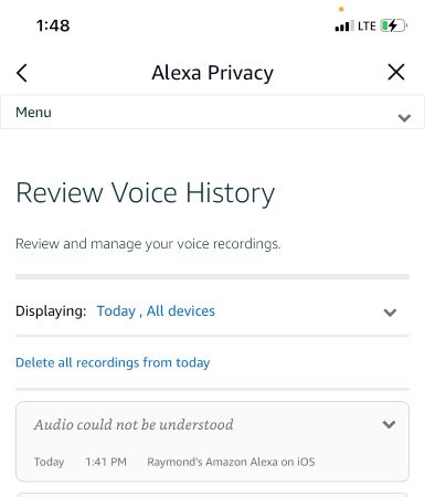 Раздел просмотра истории голосов в приложении Alexa.