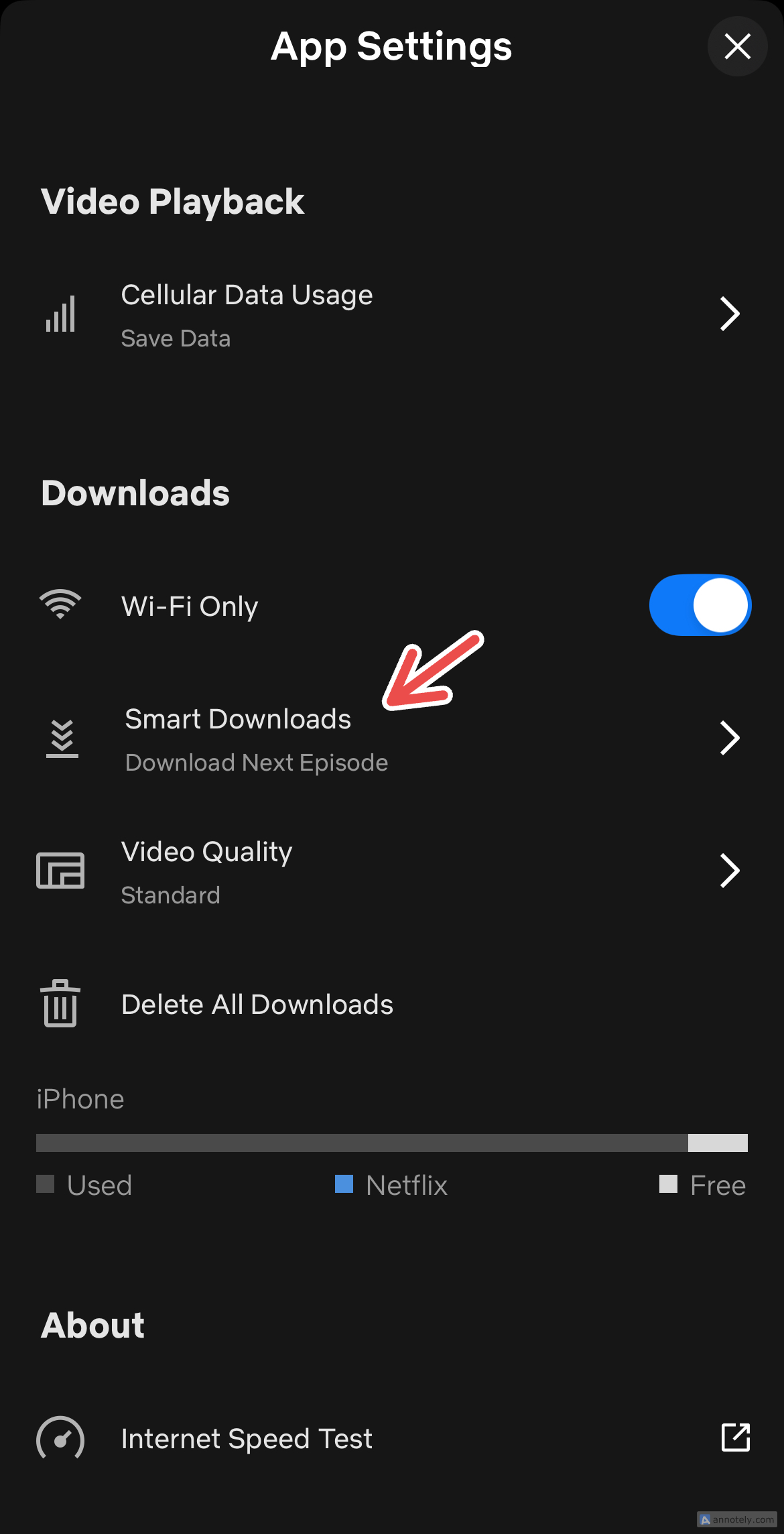 Экран настроек Smart Downloads в мобильном приложении Netflix.
