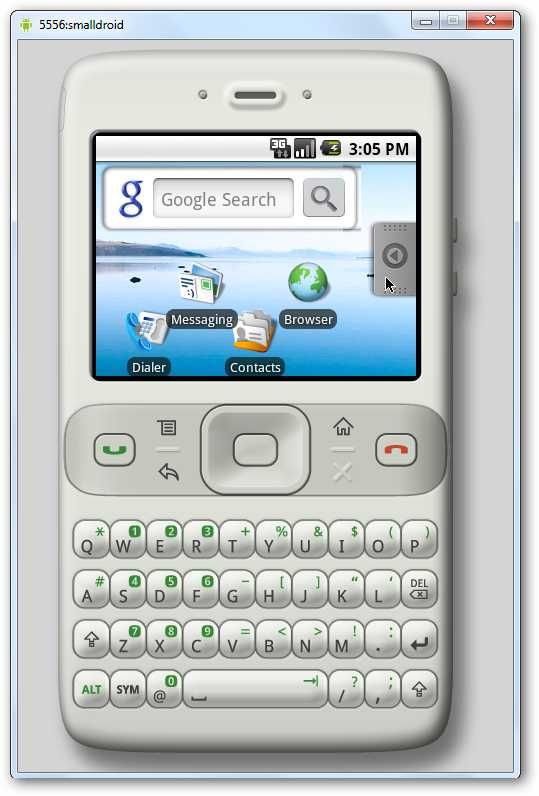 Пример старого виртуального устройства Android 1.5 с маленьким экраном QVGA