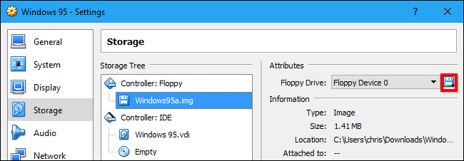 Выбор образа дискеты .img для виртуальной флоппи