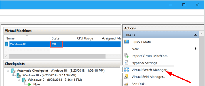 Окно Virtual Switch Manager в Hyper‑V