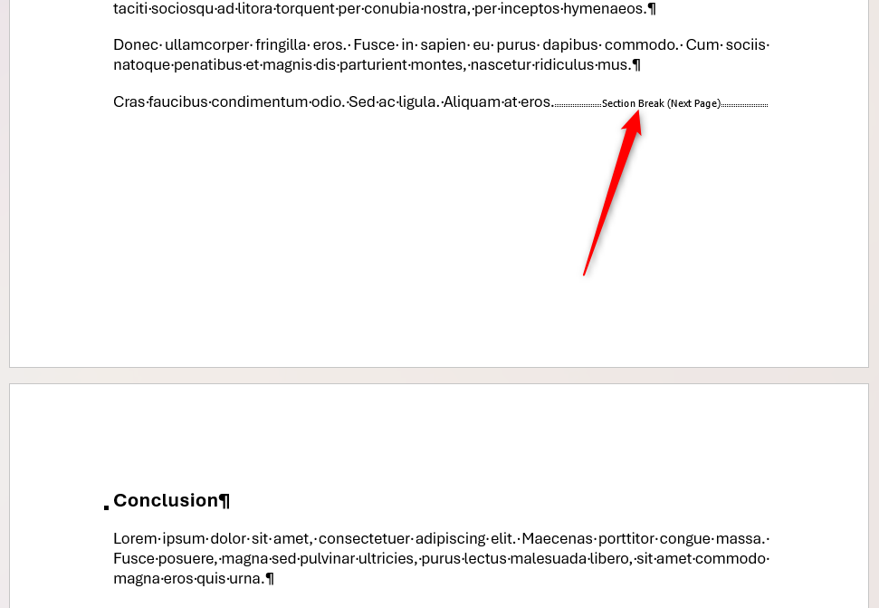 Разрыв раздела, отделяющий основную часть от заключения в Microsoft Word.